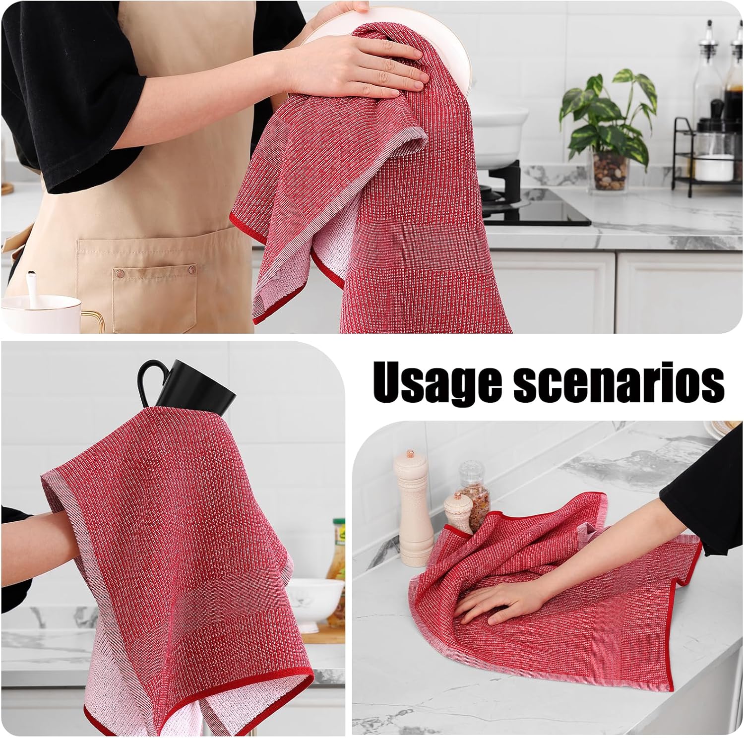 Homaxy Premium Kitchen Towels(18”x 28”, 12 Pack), Large Cotton Kitchen Hand Towels, Flat and Terry Dish Towels, 380 GSM Highly Absorbent Tea Towel Set with Hanging Loop, Red