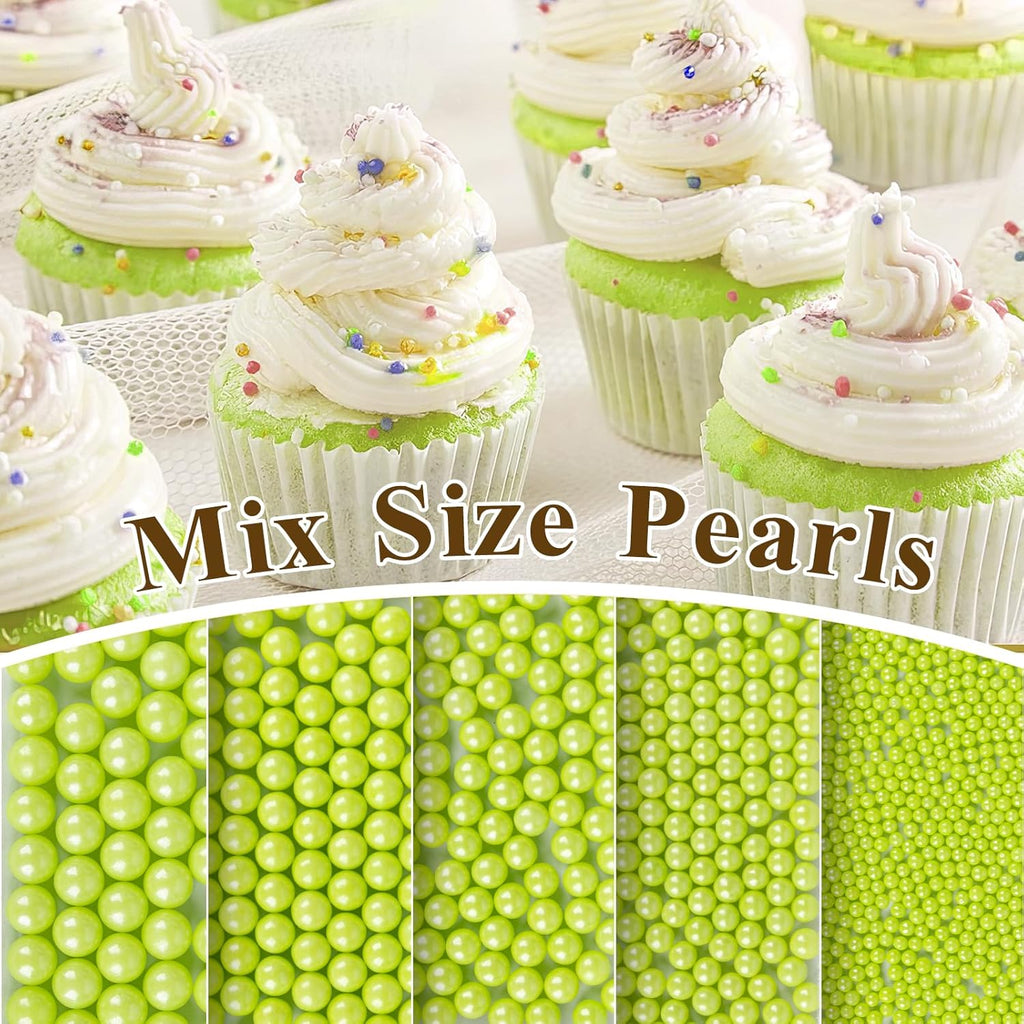 Twisweet Green Pearl Sprinkles for Cake Decorating, Edible Sugar Pearls for Baking, Mix Size, Cake Topper Cupcake Cookie Ice Cream Dessert Decorations, Easter Birthday Summer Party Supplies (130g/4.58oz)