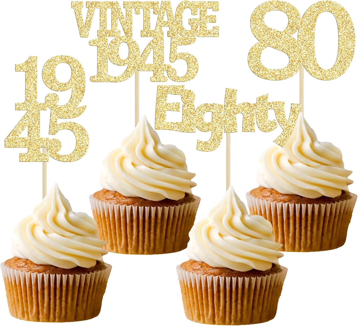 Gyufise 24Pcs 80th Birthday Cupcake Toppers Glitter Cheers to 80 Fabulous Eighty Vintage 1945 Cupcake Picks 80th Birthday Wedding Anniversary Party Cake Decorations Supplies Gold