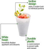 Restaurantware 7 Ounce Plastic Glasses 100 Round Incline Shooter Cups- Disposable Small White Plastic Round Bowls Unique Design For Soups Appetizers Or Desserts