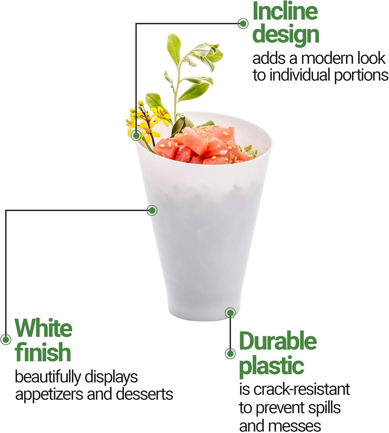 Restaurantware 7 Ounce Plastic Glasses 100 Round Incline Shooter Cups- Disposable Small White Plastic Round Bowls Unique Design For Soups Appetizers Or Desserts