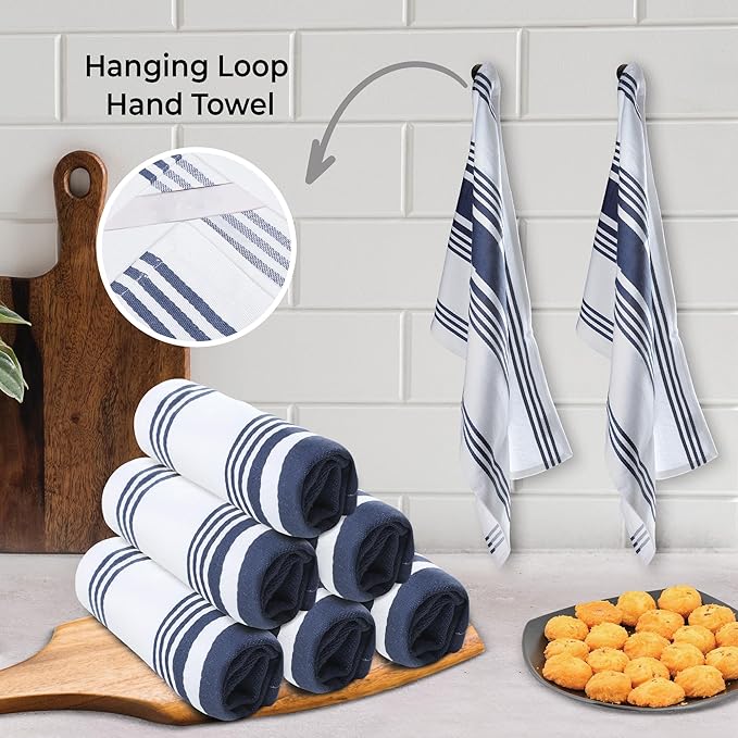 Urban Villa Kitchen Towels 100% Cotton Dish Towels for Kitchen (Set of 6) 20”x30” Dish Cloths Highly Absorbent Kitchen Linen Set with Hanging Loop Perfect for Drying Dishes Cleaning Towels-Blue White