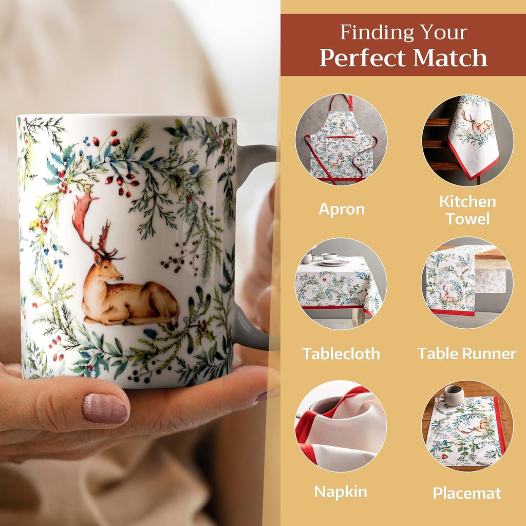 Maison d' Hermine Coffee Mug with Handles Fine Bone China Mugs Pack of One Tea Cups for Hot Beverages Cappuccino Latte Home Restaurant Office Perfect for Gift (Holly Time - Cerf, 12 Ounce)