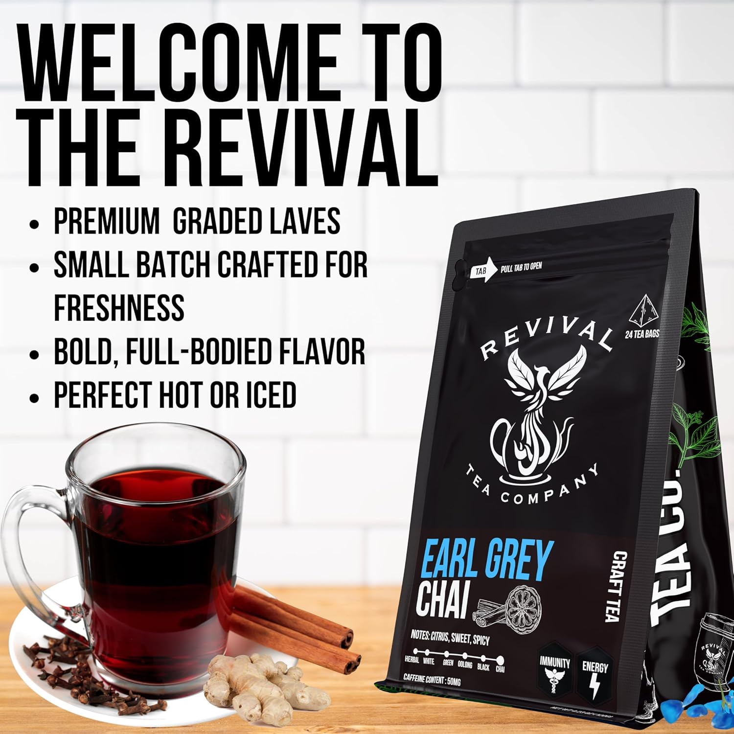 Revival Tea Company Earl Grey Chai Tea - Black Tea Blend with Fresh Spiced Chai and Bergamot Flavor - Loose Leaf 8 Ounces