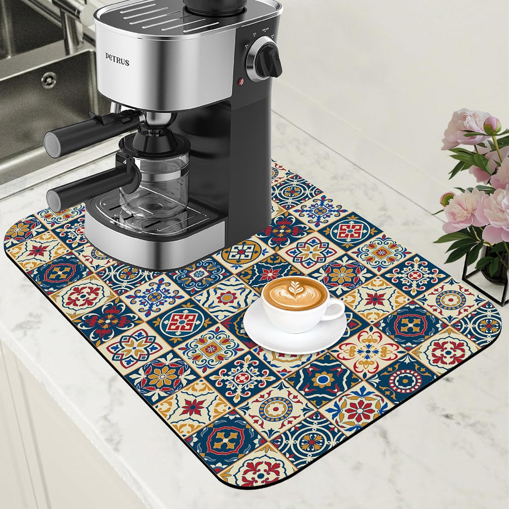 Dish Drying Mat Moroccan Tile Coffee Bar Mat for Countertop Absorbent Rubber Backed Hide Stain Dish Drainer Rack Pad Coffee Maker Espresso Machine Dining Room Decoration 11.8 x 19.7 Inch