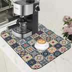 Dish Drying Mat Moroccan Tile Coffee Bar Mat for Countertop Absorbent Rubber Backed Hide Stain Dish Drainer Rack Pad Coffee Maker Espresso Machine Dining Room Decoration 11.8 x 19.7 Inch