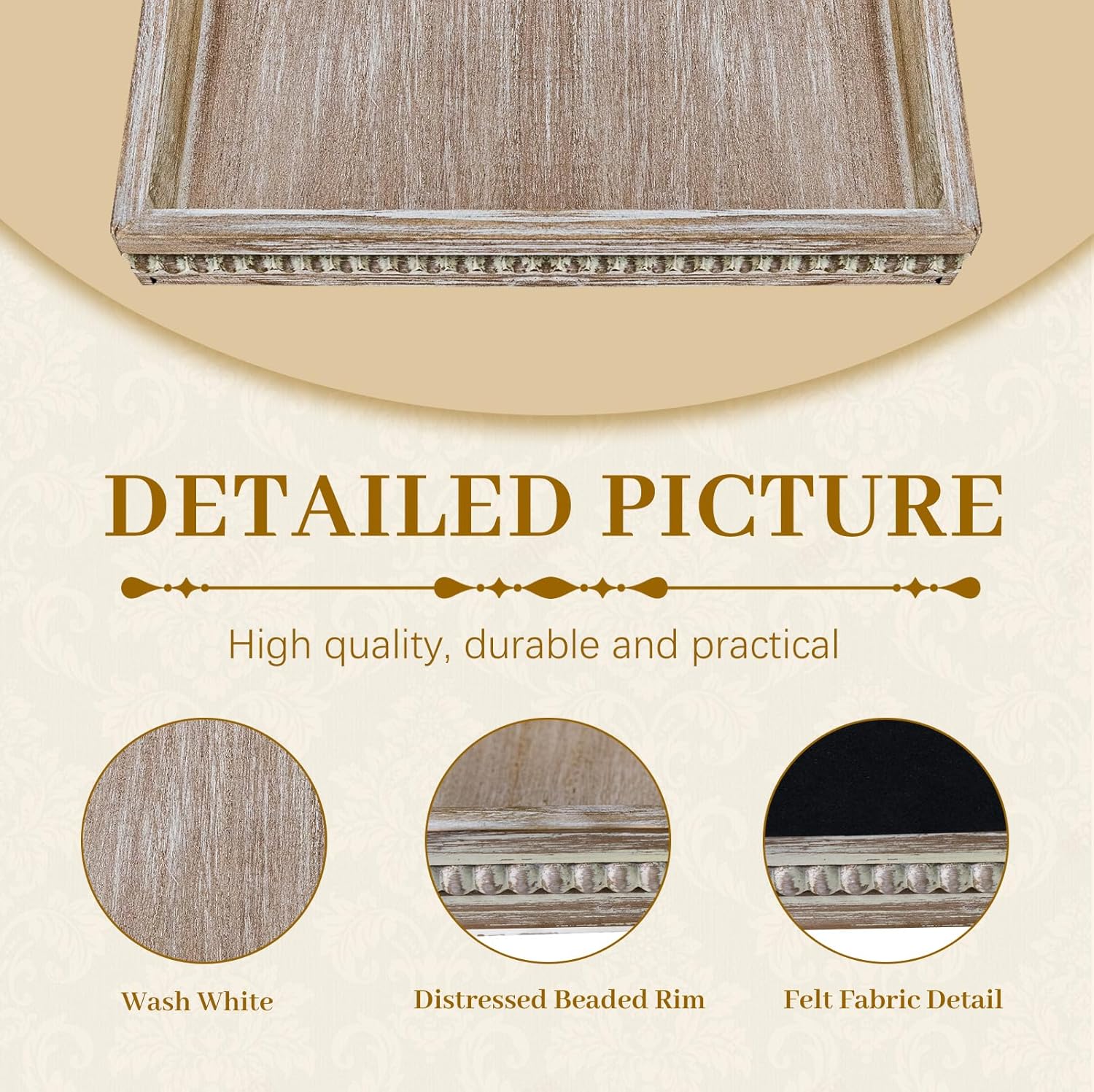 MAONAME Wood Serving Tray, Farmhouse Wooden Tray for Coffee Table, Rustic Rectangle Trays with Beads, Washed White Decorative Trays for Living Room, Kitchen, 15.7" X 11.8" X 1.57"