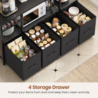 Itaar Bakers Rack with Power Outlet and LED Light, 47.2'' Microwave Stand with Storage, Kitchen Coffee Bar Cabinet with Glass Door, 4 Drawer, Wine Rack, Goblet Holder and 12 Hooks, Black