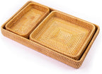 Handmade Rattan Serving Trays, Set of 3, Woven Rectangular Storage Baskets