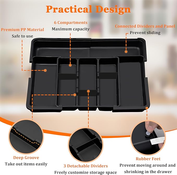 Large Utensil Drawer Organizer Expandable Silverware Organizer for Kitchen Drawer Adjustable Cooking Utensil Holder Cutlery Flatware Tray Spatula Tools Gadgets Storage Dividers Plastic Black