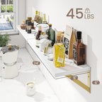 Deep Floating Shelves for Wall, 24W x 8D Wall Mounted Shelves Set of 2, Wide Display Ledge Shelf with Sturdy Metal Brackets for Living Room, Bathroom, Bedroom and Kitchen, White with Gold Brackets