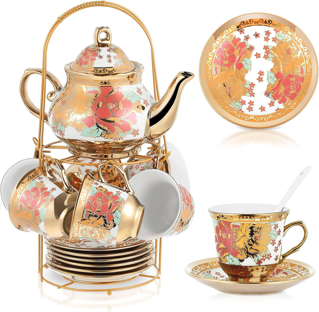 Zhehao 20 Pcs Porcelain Tea Set with Metal Holder and Spoon Adult Ceramic Tea Party Set European Flower Painting Teapot Cup Saucer Spoon Set for Women, Large Version(Stylish Style)