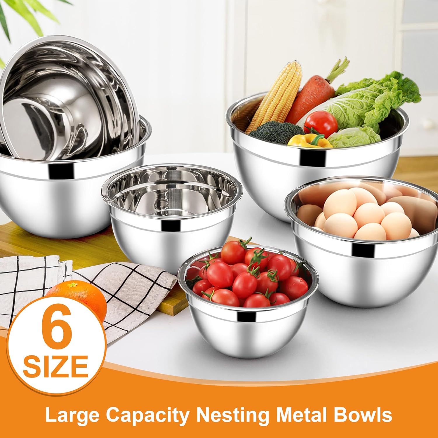 E-far Mixing Bowls with Lids, 12-Piece Stainless Steel Salad Bowls Metal Nesting Bowls for Baking Cooking and Prepping, Airtight Lids & Stackable Design, Size 7, 4.5, 3, 1.5, 1.2, 0.7 QT (Colorful)