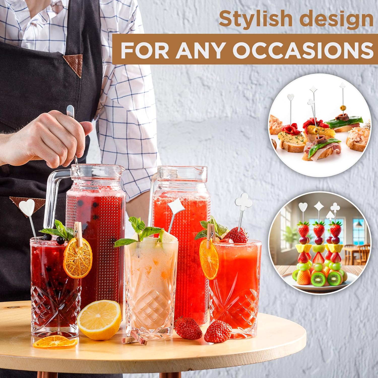 Demigo Long Cocktail Picks 7.5 inches, 8pcs New Styles Stainless Steel, Reusable Olive Stuffers Martini Pick set Fruit Toothpick Garnish Skewers Appetizer Drink Stick for Bar Party, Barbeque Snack