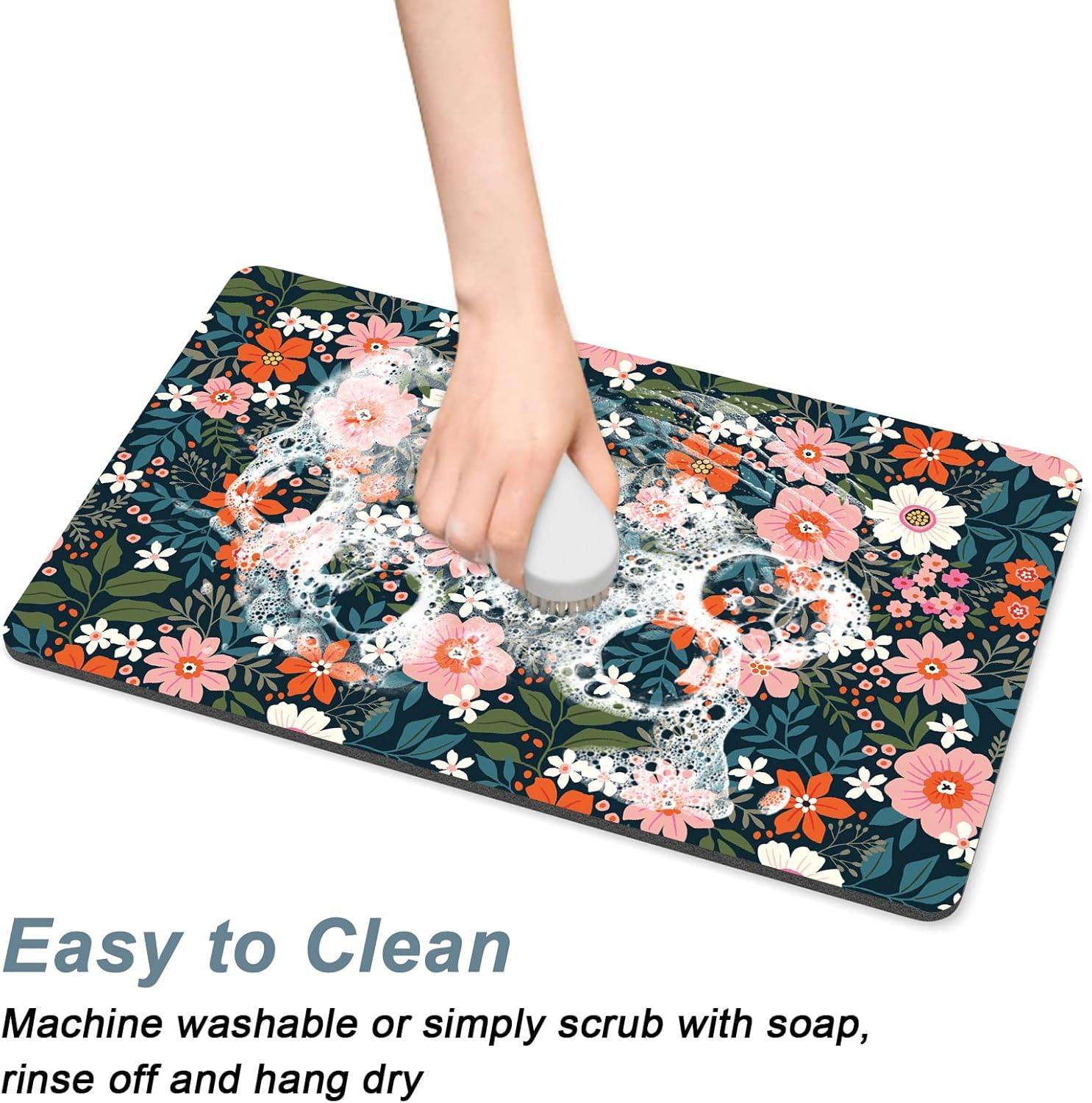 Rnivvi Coffee Mat, 12" x 19" Cute Coffee Bar Mats for Espresso Machine Station Accessories and Organizer, Hide Stain Rubber Backed Absorbent Dish Drying Pad for Kitchen Counter, Floral Cartoon