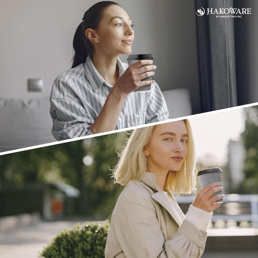 [100 SET]Harvest Pack 12 oz Disposable Coffee Cups, Insulated Ripple Double-Walled Paper Cups with Lids, Black and White Geometric, Drinking Cups for Tea Hot Chocolate Drinks To go coffee cups