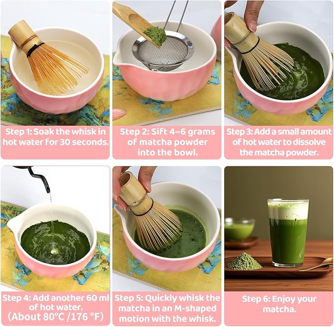 8PCS Matcha Whisk Set, Ceramic Matcha Kit Set Includes Bowl with Spout, Bamboo Spoon, Whisk, Holder, Sifter, Tea Cloth, Scoop and Scoop Stand (Hammered Gradient Pink and White)