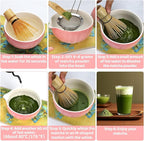 8PCS Matcha Whisk Set, Ceramic Matcha Kit Set Includes Bowl with Spout, Bamboo Spoon, Whisk, Holder, Sifter, Tea Cloth, Scoop and Scoop Stand (Hammered Gradient Pink and White)