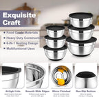 TeamFar Mixing Bowls, Stainless Steel Nesting Salad Bowl with Lids & 3 Graters, For Kitchen Cooking Serving Prepping, Airtight & Non-Slip, Size 4.6/3.5/2/1.5/1/0.7 QT, Set of 5 & Black