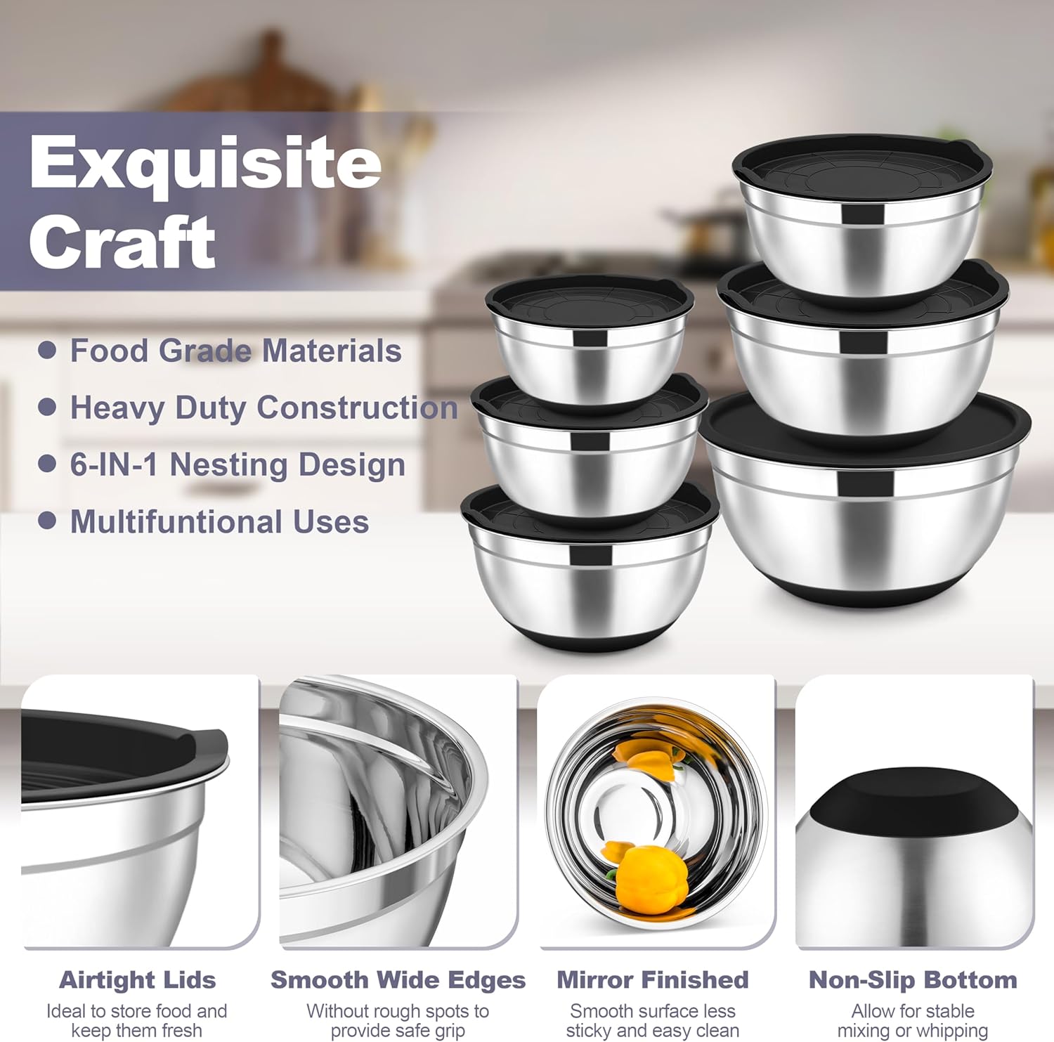 TeamFar Mixing Bowls, Stainless Steel Nesting Salad Bowl with Lids & 3 Graters, For Kitchen Cooking Serving Prepping, Airtight & Non-Slip, Size 4.6/3.5/2/1.5/1/0.7 QT, Set of 5 & Black