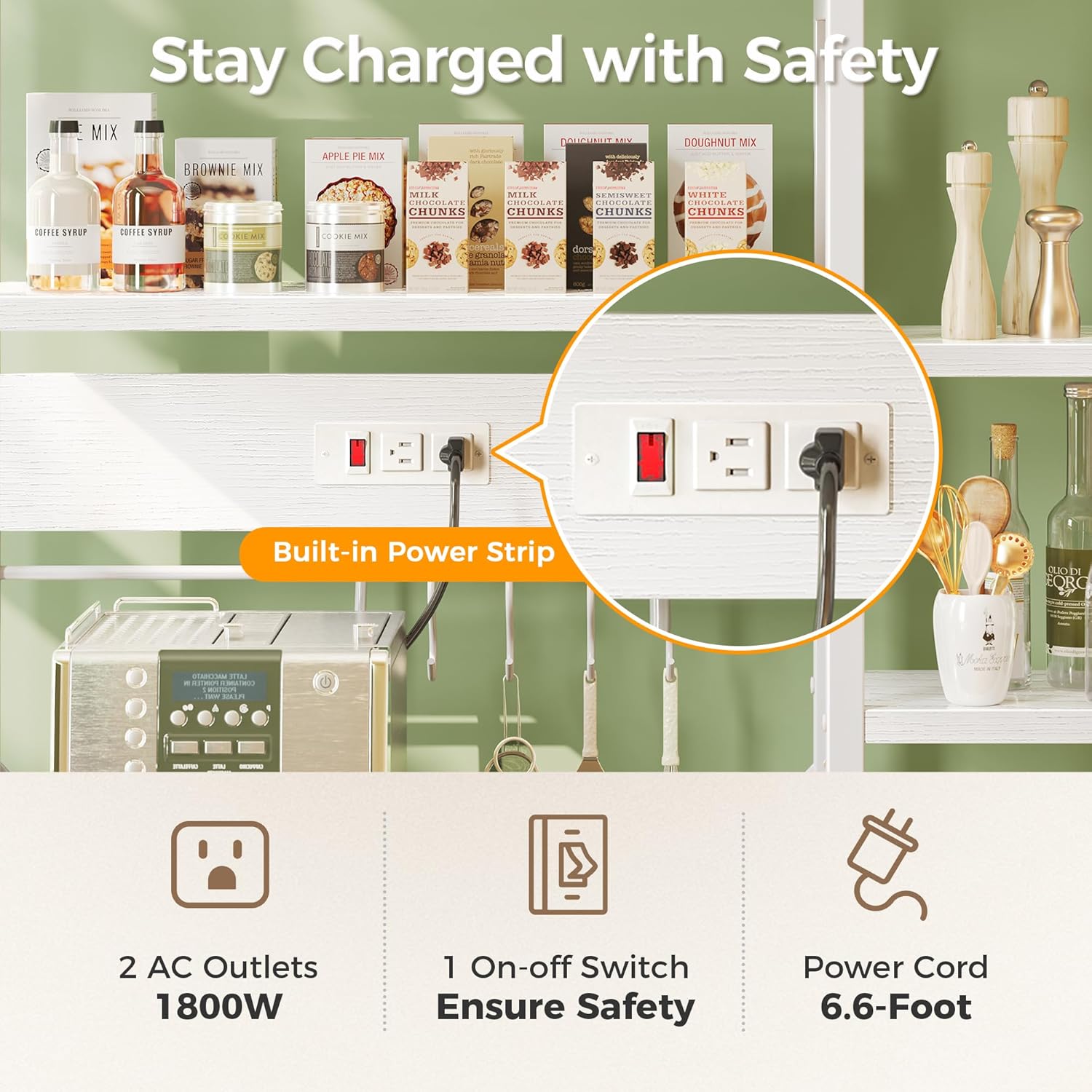 SUPERJARE Large Bakers Rack with Power Outlets, 6-Tier Microwave Stand, Coffee Bar with 12 S-Shaped Hooks, Kitchen Shelf with Wire Basket, 39.3 x 15.5 x 66.9 Inches, White