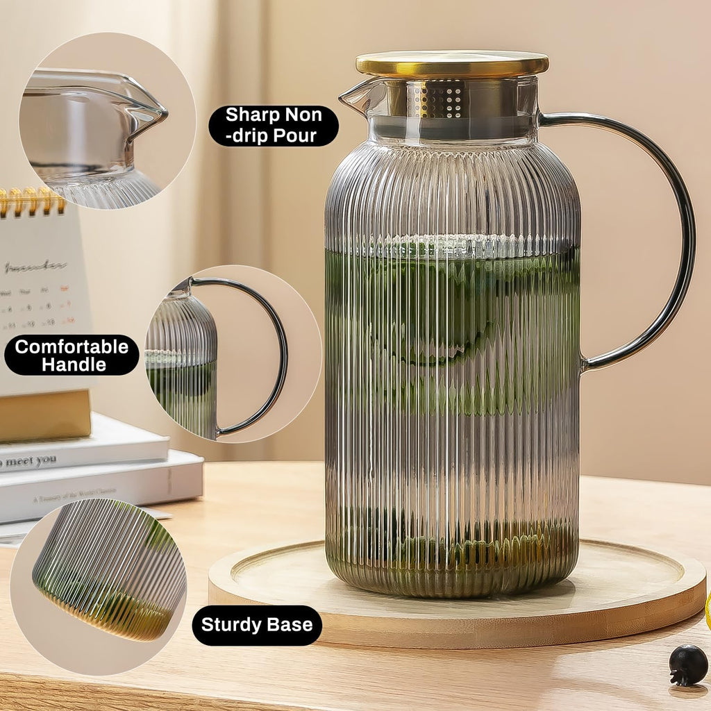 2 PACK Glass Pitcher with Lid, 68 oz/ 2 Liter Gray Classic Vertical Stripes Water Pitcher,Glass Water Carafe for Cold Brew, Coffee, Lemonade, Iced Tea,Beverage, Heat Resistant Water Glass Jug