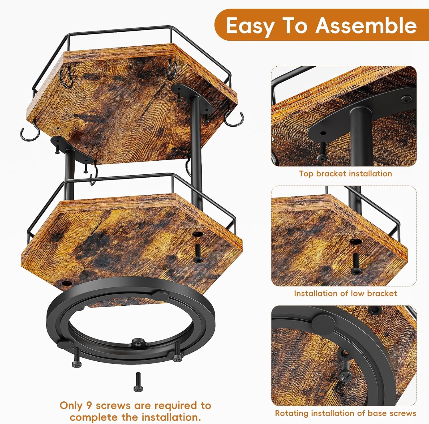 KLM 2 Tier Coffee Bar Organizer Countertop Station Shelf for Home Office, Multi-Functional Coffee Mug Cup Holder Stand, Accessory Storage Rack with 6 Hooks, 360° Rotated Coffee Cup Holder for Counter