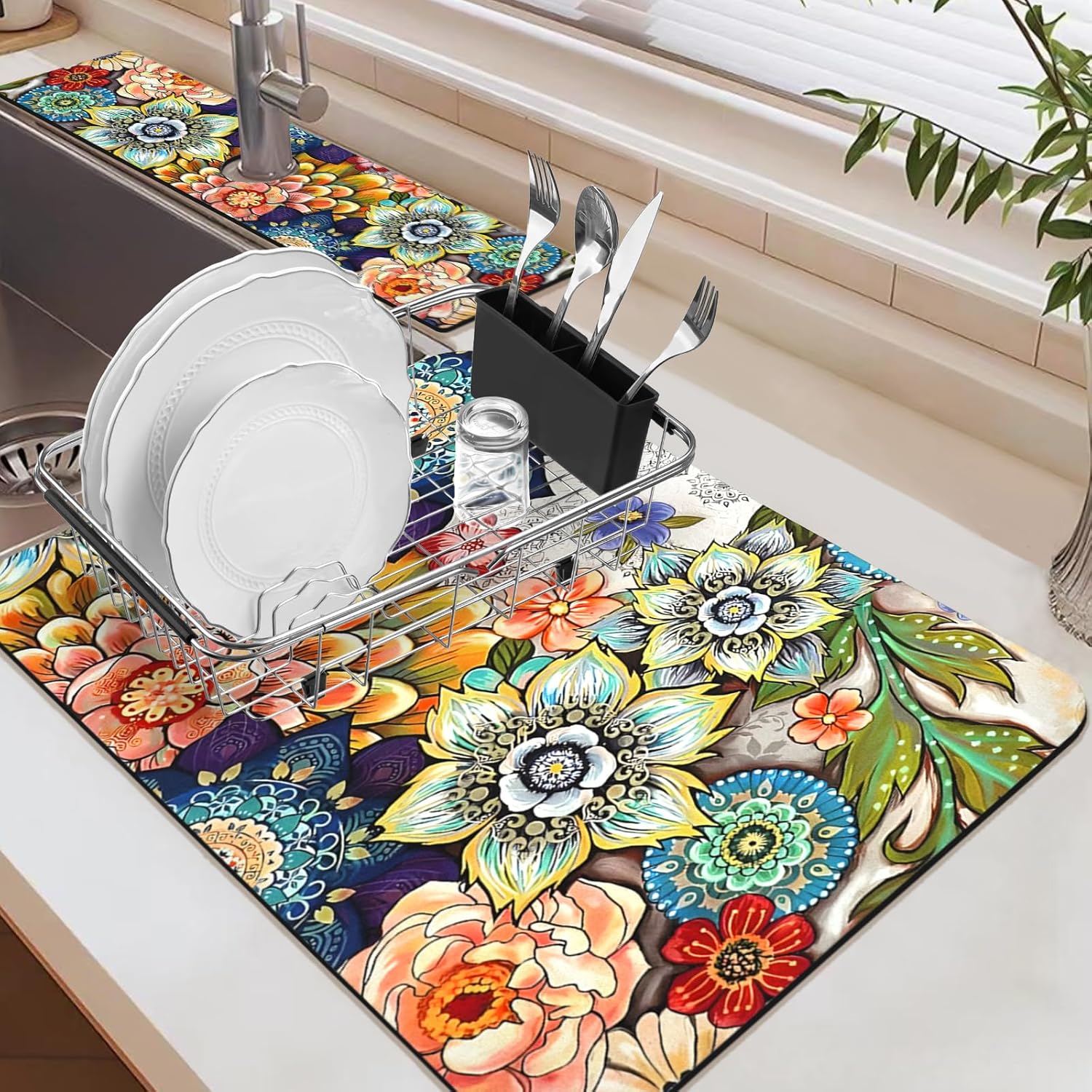 24.5" x 15.5" Dish Drying Mat & 24" x 5.5" Sink Splash Guard, Super Absorbent Drainer Rack Mat for Kitchen Counter Coffee Bar