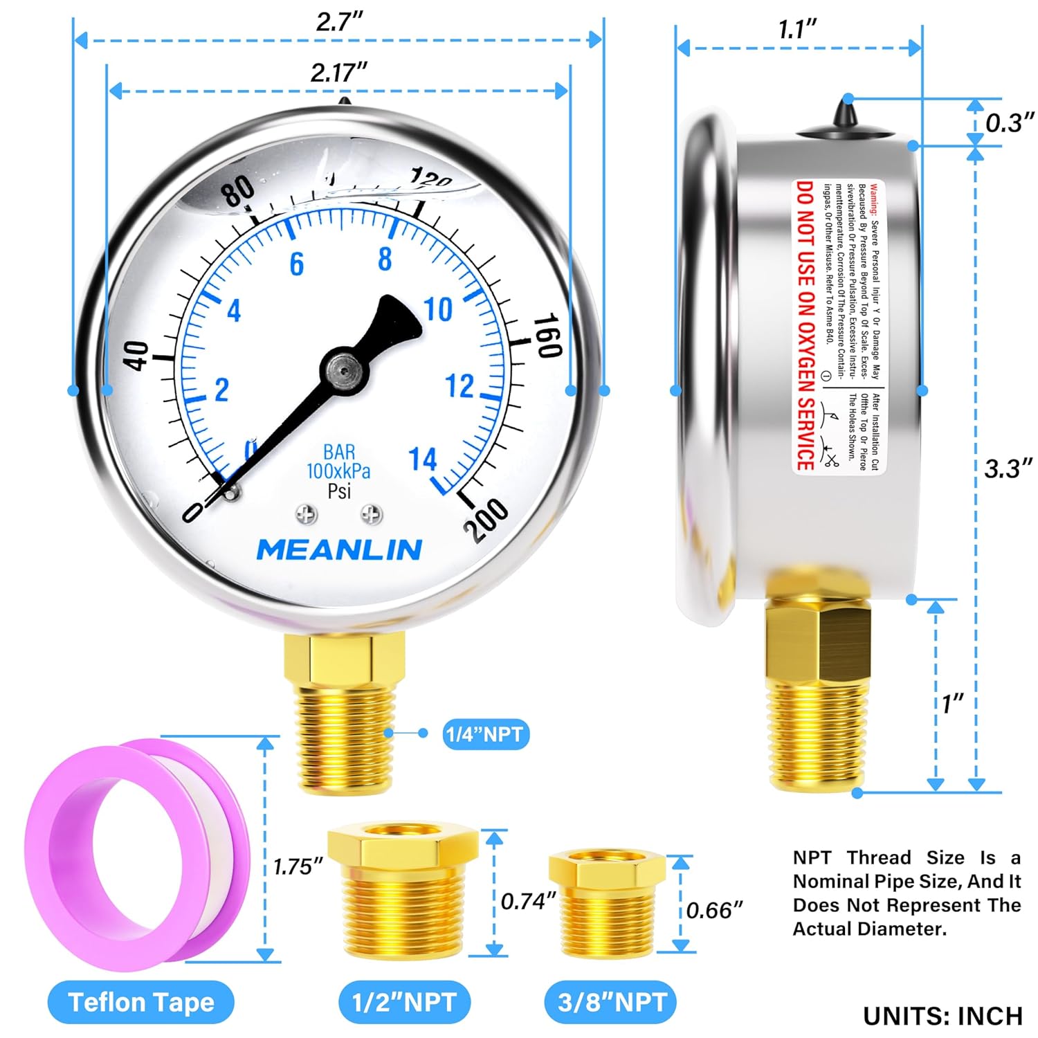 MEANLIN MEASURE 0~200Psi Stainless Steel 1/4" NPT 2.5" FACE DIAL Liquid Filled Pressure Gauge WOG Water Oil Air Lower Mount, with 1/2" NPT and 3/8" NPT Hex Bushing