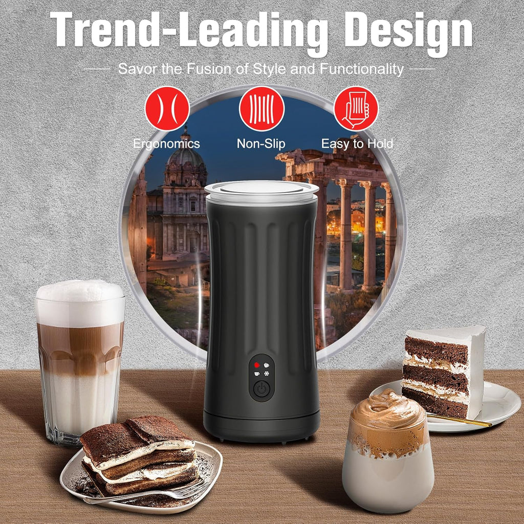 Electric Milk Frother, 4-in-1 Milk Steamer and Frother, 8.1oz/240ml Automatic Warm and Cold Foam Maker, Auto Shut-Off Frother for Coffee, Latte, Cappuccino, Macchiato(Black)