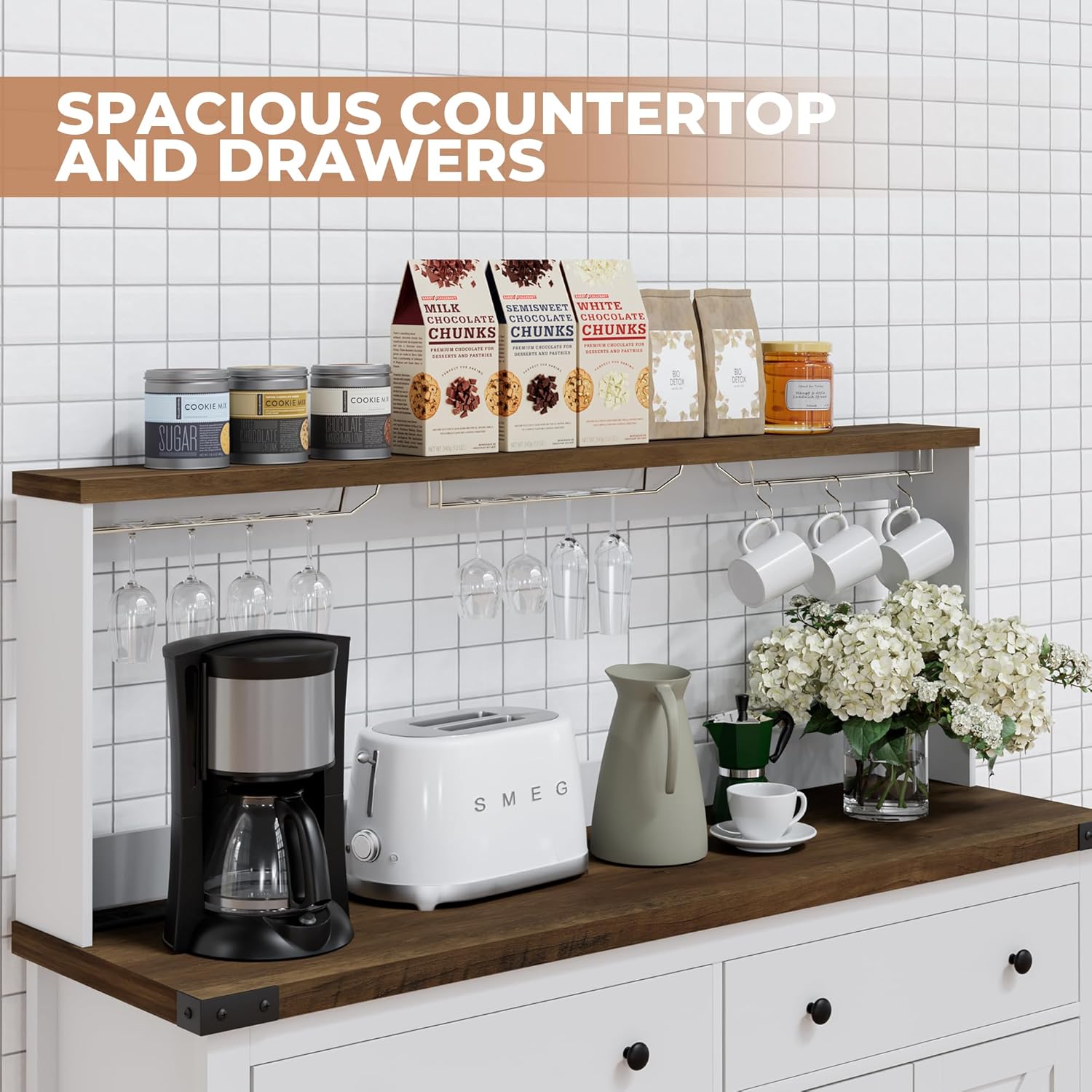 Hutch Storage Cabinet Buffet with Drawers, and Charging Station, Coffee Bar Cabinet with Barn Doors, Wine Rack and Hooks, Countertop, Long Farmhouse, White, for Kitchen, Dining Room, 54.1" High