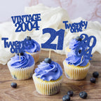 Gyufise 24Pcs 21st Birthday Cupcake Toppers Glitter Twenty-one Vintage 2004 Cheers to 21 Cupcake Picks Birthday Cake Decorations for Happy 21st Anniversary Party Supplies Deep Blue