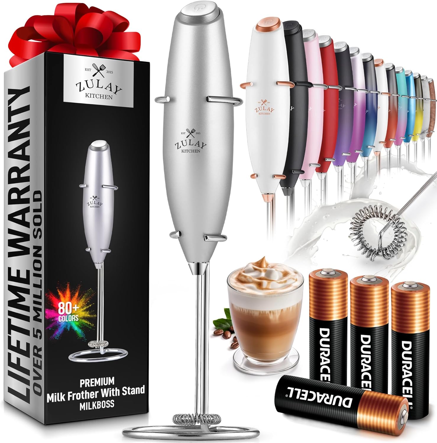 Zulay Kitchen Powerful Milk Frother Wand With 4 AA Duracell Batteries - Ultra Fast Handheld Drink Mixer - Electric Whisk Foam Maker for Coffee, Lattes, Cappuccino, Matcha & Creamer -