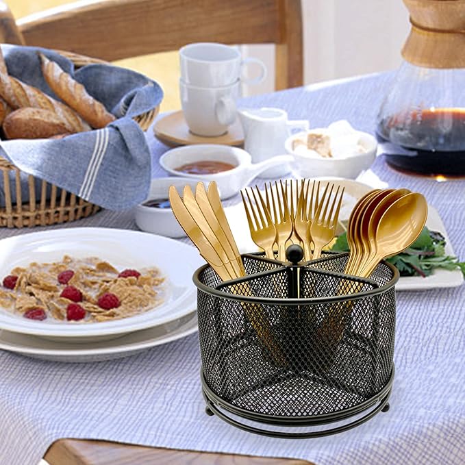 360° Rotating Metal Utensil Caddy - 4 Compartment Silverware Cutlery Holder Rotation Fork Spoon Napkin Organizer Flatware Storage Basket Party Countertop Buffet Picnic Camping Outdoor Black
