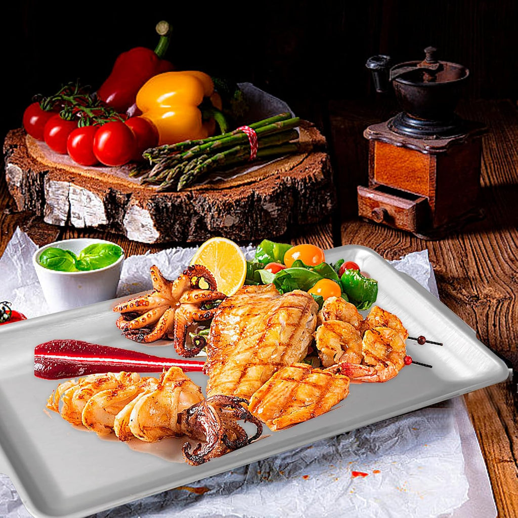 3Pcs 304 Stainless Steel Food Serving Tray, 12.6" Rectangular Serving Platters Multipurpose for Kitchen,Party Organizer Tray for Buffet Brushed Nickel (Silver)