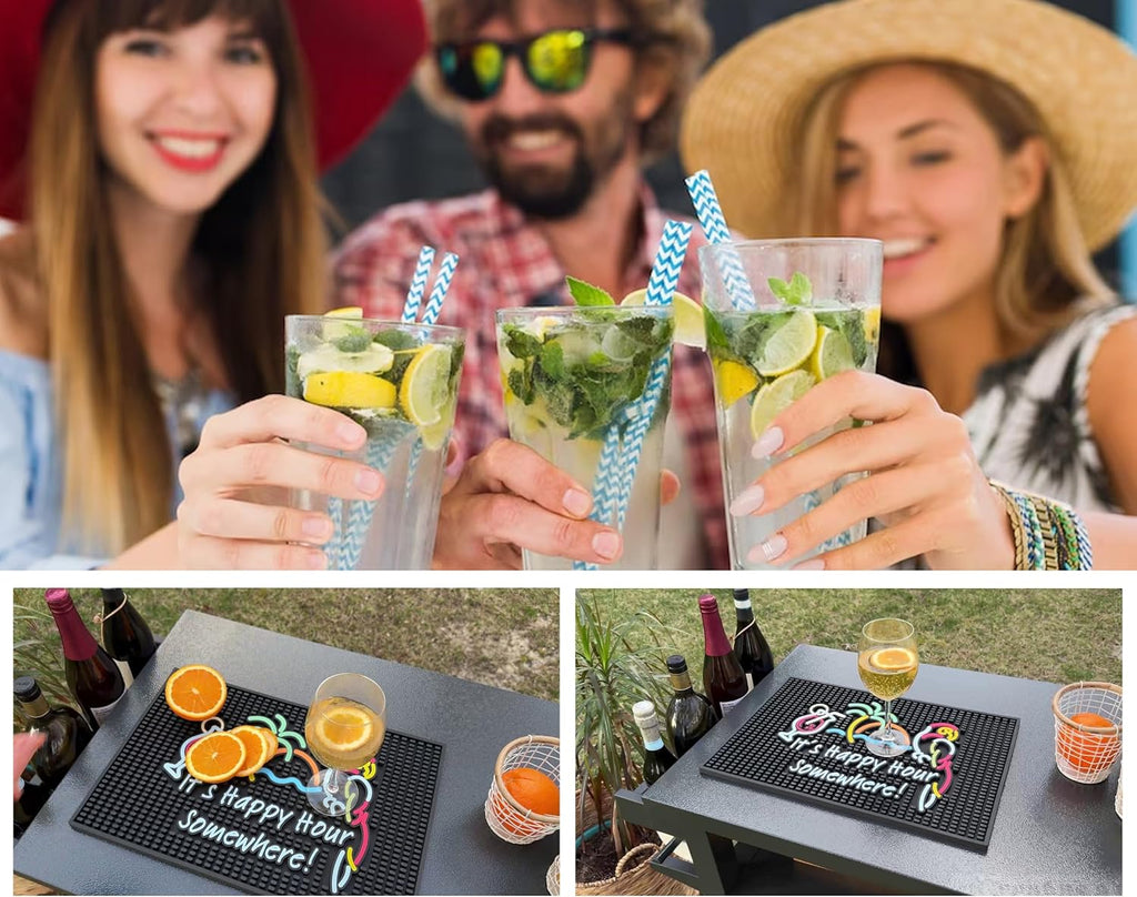 Tiki Bar Happy Hour Sign Rubber Bar Mat for Bartending 18x12 in, It's Happy Hour Somewhere Outdoor Tiki Bar Decor, Bar Mats for Countertop, Bar mat for Home Bar, Bartender Mat, Home Bar Accessories