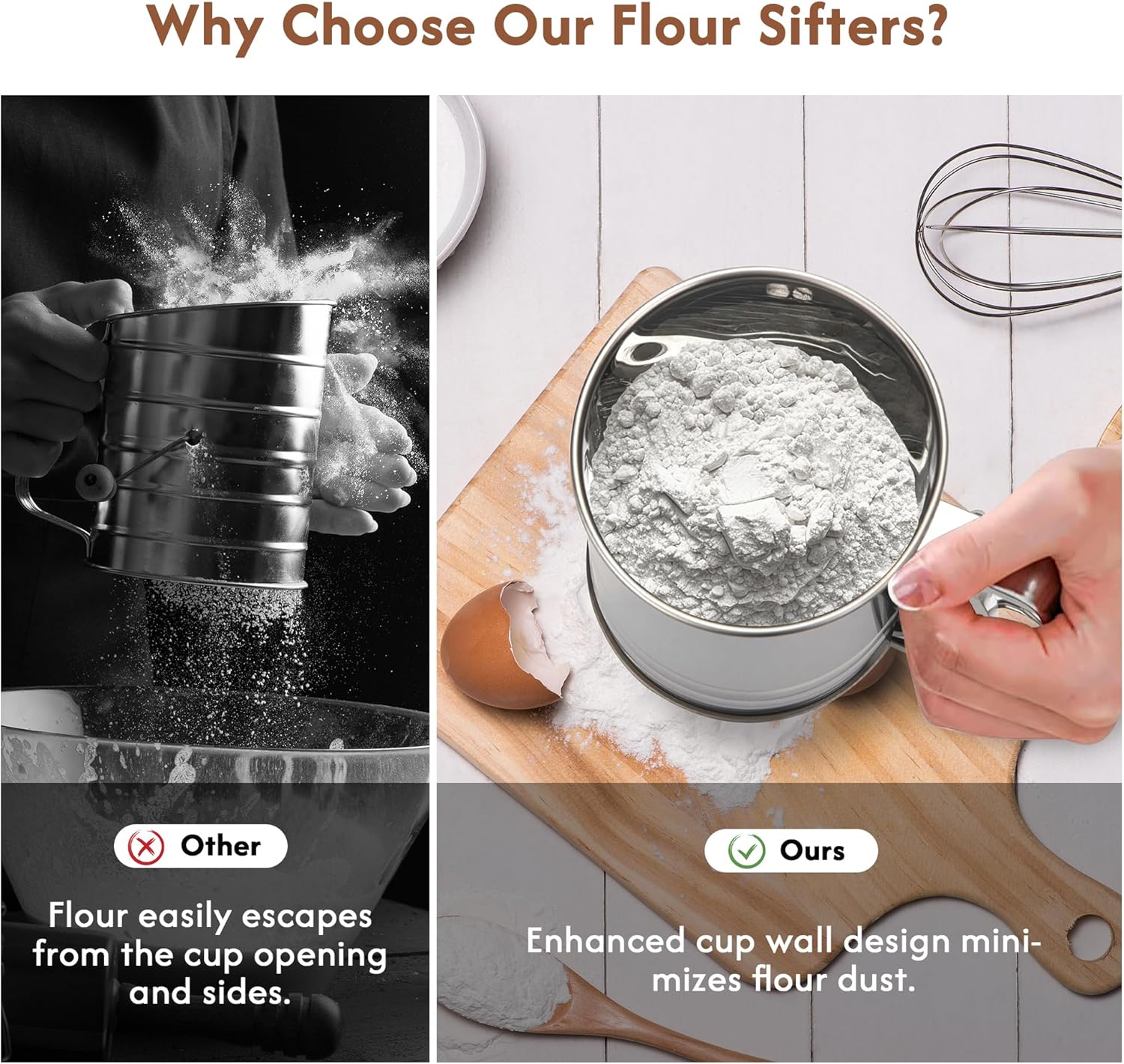 5-Cup Flour Sifter for Baking, Large Capacity Stainless Steel Hand Press Sifter with Double-Layer Fine Mesh - Includes Bonus Dough Scraper/Cutter for Bread & Pastry (White)