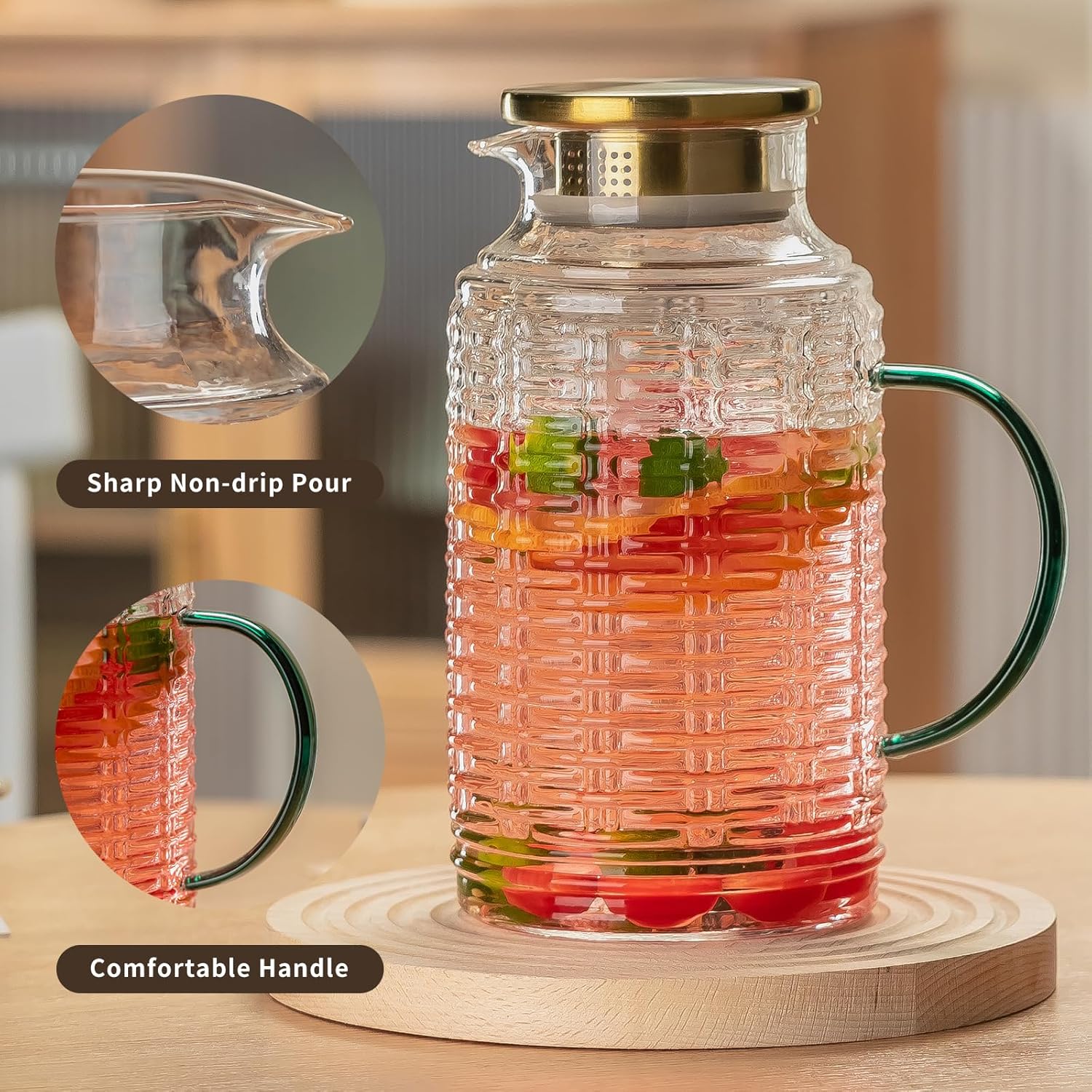 Glass Pitcher with Lid, 68 oz/2 Liter Vintage Water Pitcher, Clear Borosilicate Glass Water Carafe for Cold Brew, Coffee, Lemonade, Iced Tea,Beverage, Heat Resistant Water Glass Jug