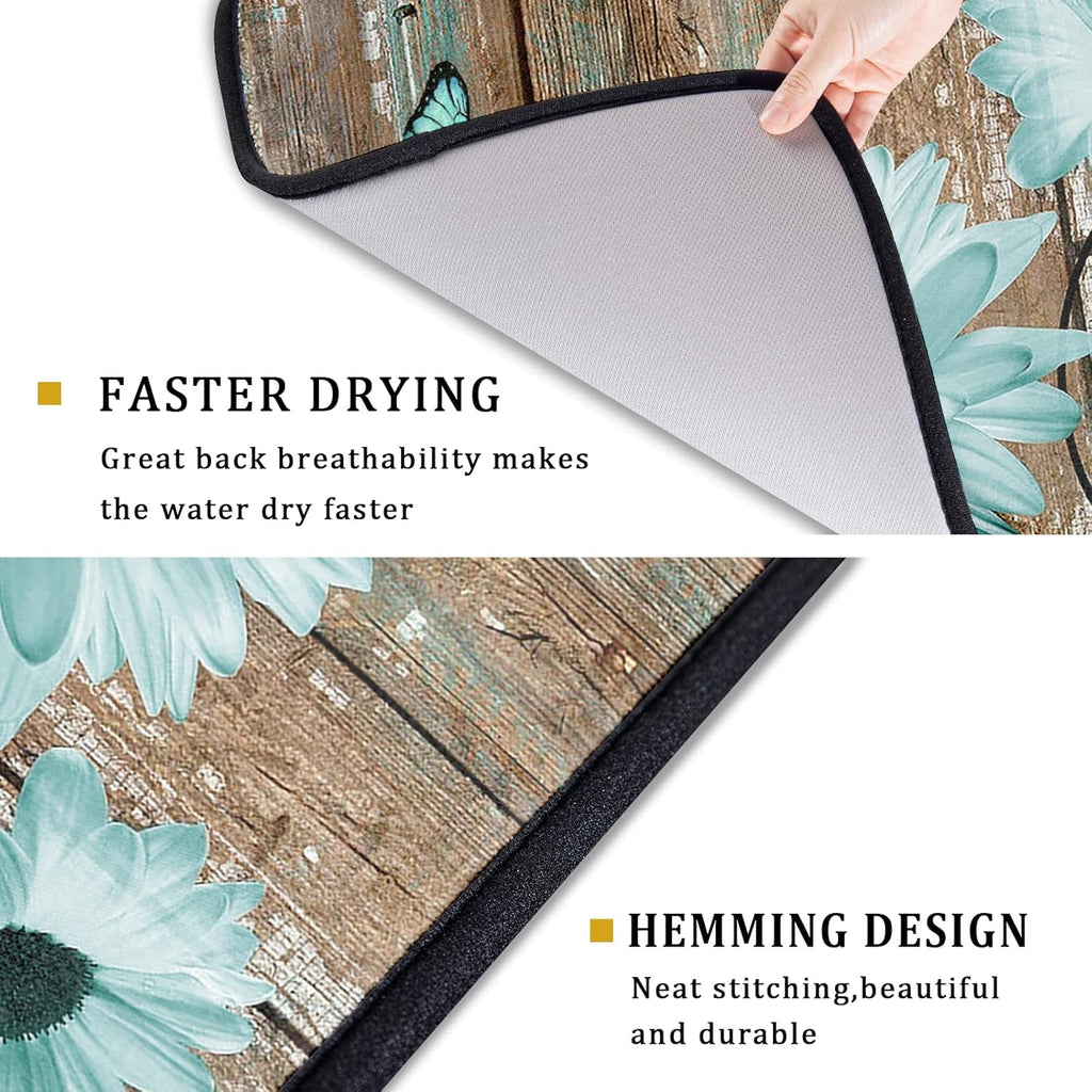 Rustic Daisy Dish Drying Mat for Kitchen Countertop 18x24 inch Teal Sunflowers on Wooden Board Dish Drainer Mats Fast Drying Country Vintage Style Shabby Chic Flower Dish Drying Pad Decor Large
