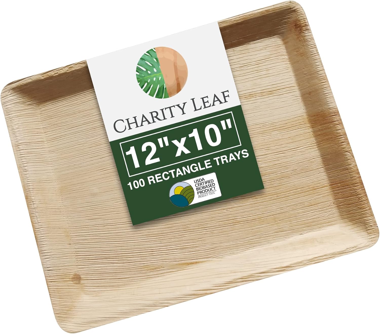 Charity Leaf Disposable Palm Leaf 12" x 10" Trays (100 pieces) Bamboo Like Serving Platters, Disposable Boards, Eco-Friendly Dinnerware For Weddings, Catering, Events