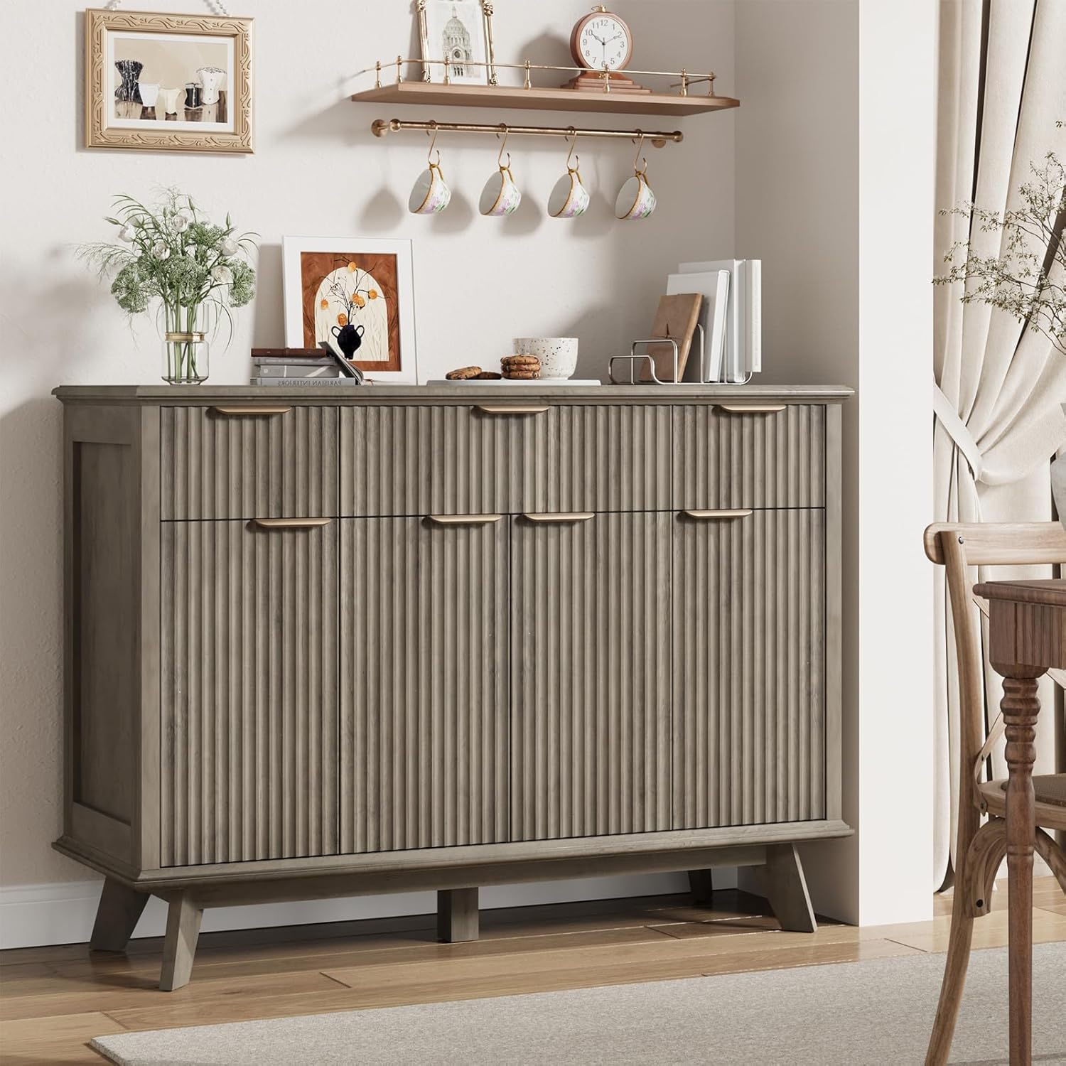 QUW Fluted Sideboard Buffet Cabinet with Charging Station, 47.2" Kitchen Storage Cabinet with Drawers and Adjustable Shelves, Modern Coffee Bar Kitchen Table for Dining Room, Living Room, Grey