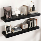 Floating Shelves - 2 Large Wall Mounted Shelves with Invisible Brackets, Long Wood Floating Wall Shelf for Living Room, Bedroom, Kitchen (Black, 36" W x 9" D x 1.5" H)