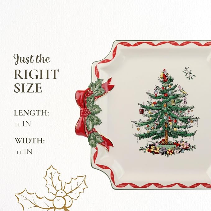 Spode Christmas Tree Ribbons Square Platter with Bow Handles - 11-Inch Holiday Serving Plate for Desserts, Appetizers, & Treats - Festive Christmas Dinnerware with Gold Accents - Dishwasher Safe