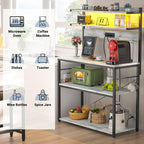 Aheaplus Bakers Rack with Power Outlet, Microwave Stand, 5 Tiers Coffee Bar Station with Led Lights, Kitchen Storage Shelf with 6 S-Shaped Hooks, Kitchen Rack Coffee Bar Stand, White Oak