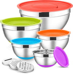 E-far Stainless Steel Mixing Bowls with Lids Set, 5-Piece Nesting Salad Bowls with 3 Grater Attachments and Non-Slip Bottoms, Size 4.6, 2.6, 2, 1.5, 1QT for Kitchen (Colorful)