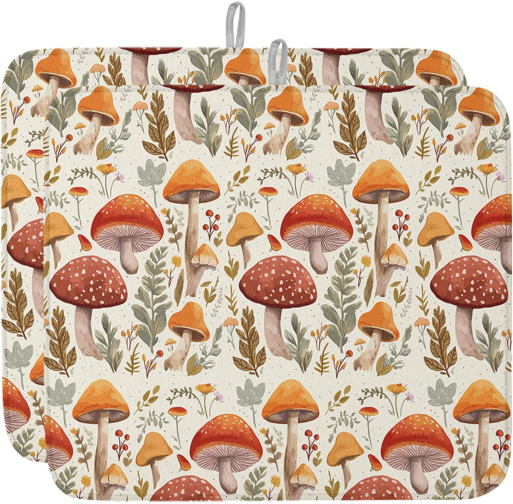 Fall Dish Drying Mat for Kitchen Counter Mushroom Drying Pad Absorbent Drying Mats for Countertops Sinks Draining Racks Autumn Plant Leaves Drainer Holiday Harvest Thanksgiving Decorations 18x24
