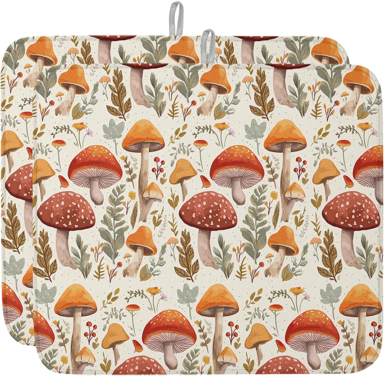 Fall Dish Drying Mat for Kitchen Counter Mushroom Drying Pad Absorbent Drying Mats for Countertops Sinks Draining Racks Autumn Plant Leaves Drainer Holiday Harvest Thanksgiving Decorations 18x24