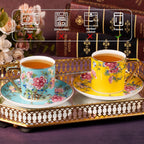 KAMMAK Tea Cups and Saucers Set of 2, Porcelain Coffee Cup with Saucer for Espresso, Cappuccino, 7.5oz Vintage Yellow and Blue Floral Ceramic Demitasse Mug for Home, Tea Party, Office