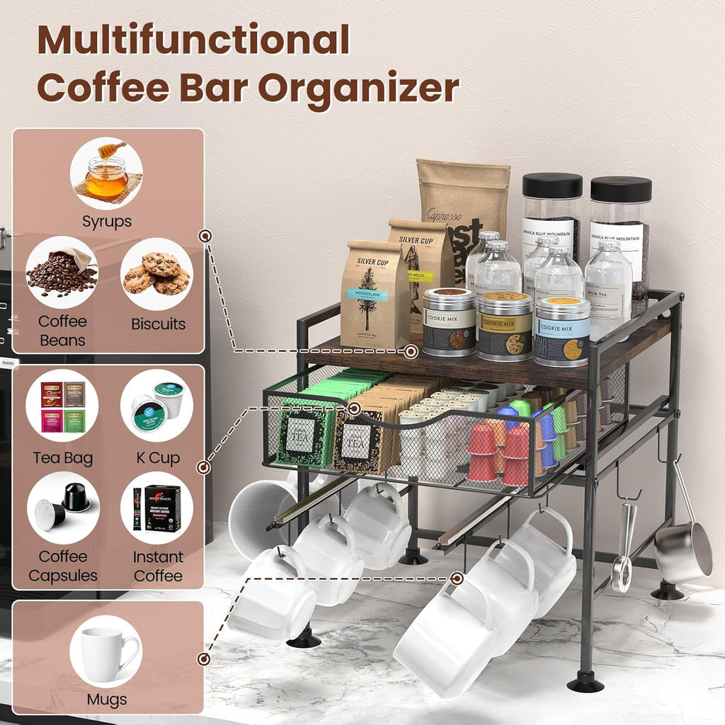 Coffee Bar Organizer Countertop, 2 Tier Mug Cup Holder Stand with 10 Hooks, 60 K Cup Coffee Pod Drawer with Mug Rack, Multifunctional Shelf Organizer for Kitchen, Vintage Brown