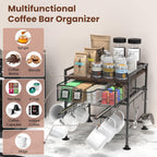 Coffee Bar Organizer Countertop, 2 Tier Mug Cup Holder Stand with 10 Hooks, 60 K Cup Coffee Pod Drawer with Mug Rack, Multifunctional Shelf Organizer for Kitchen, Vintage Brown